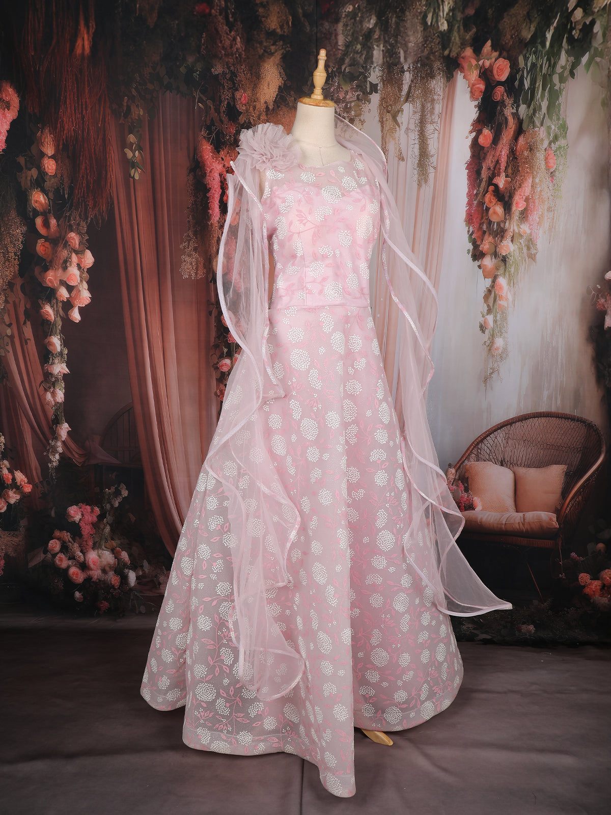 Baby Pink Floral Embroidered Design Net Gown with Ruffle Dupatta | Diadem Baby Pink Floral Embroidered Design Net Gown with Ruffle Dupatta | Diadem
