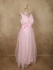 Baby Pink Pleated Design Net Party Wear Gown with Bow Waist Detail