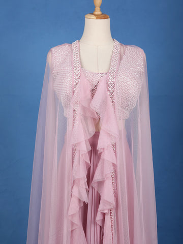 Baby Pink Sequin Embellished Cape Style Draped Georgette Skirt Top - Diadem