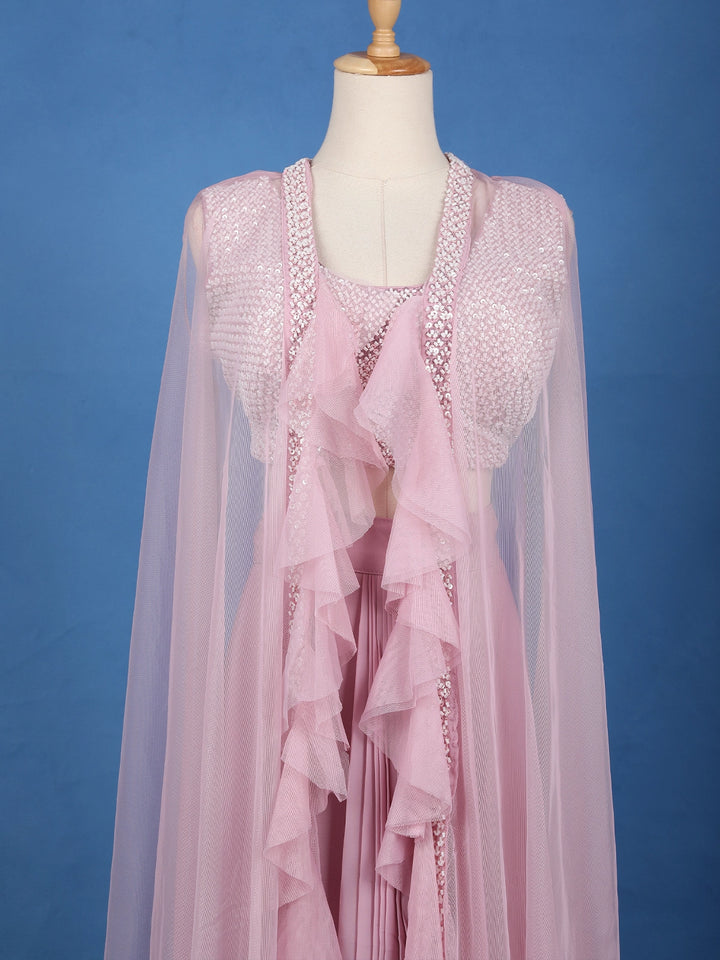 Baby Pink Sequin Embellished Cape Style Draped Georgette Skirt Top - Diadem