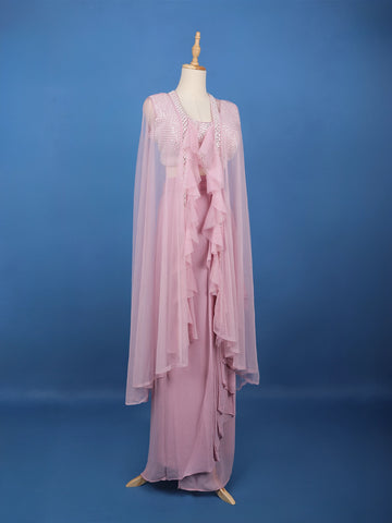 Baby Pink Sequin Embellished Cape Style Draped Georgette Skirt Top - Diadem