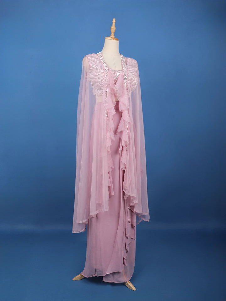 Baby Pink Sequin Embellished Cape Style Draped Georgette Skirt Top - Diadem