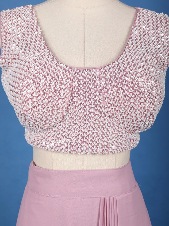 Baby Pink Sequin Embellished Cape Style Draped Georgette Skirt Top - Diadem