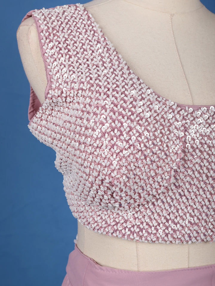 Baby Pink Sequin Embellished Cape Style Draped Georgette Skirt Top - Diadem