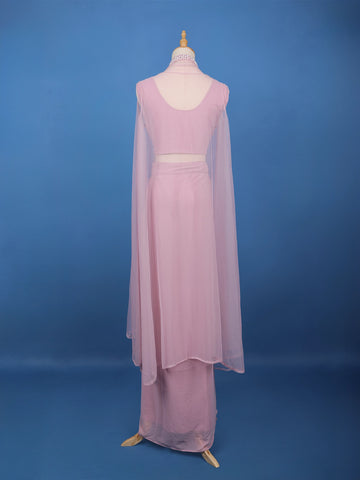 Baby Pink Sequin Embellished Cape Style Draped Georgette Skirt Top - Diadem