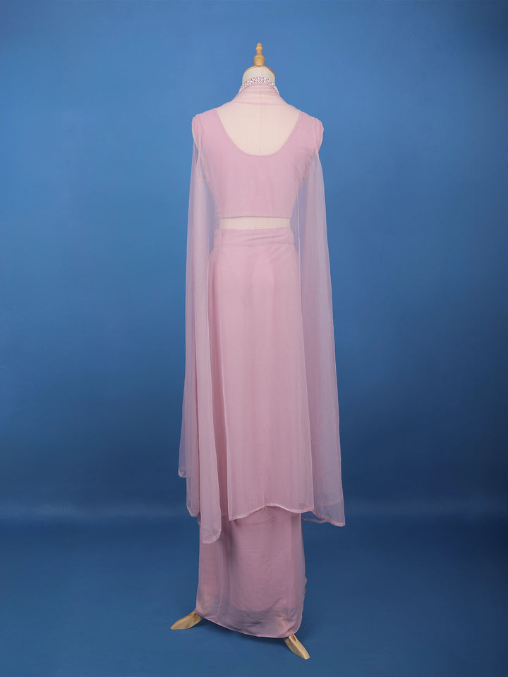 Baby Pink Sequin Embellished Cape Style Draped Georgette Skirt Top - Diadem