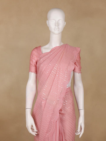 Baby Pink Sequin Embroidered Chiffon Saree with Scalloped Lace Border - Diadem
