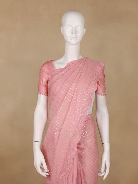 Baby Pink Sequin Embroidered Chiffon Saree with Scalloped Lace Border - Diadem