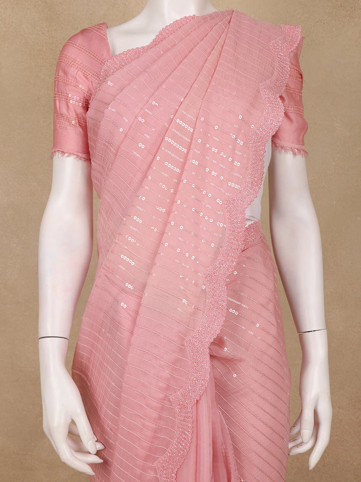 Baby Pink Sequin Embroidered Chiffon Saree with Scalloped Lace Border - Diadem