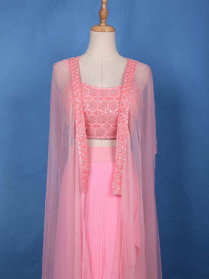 Baby Pink Sequin Embroidered Georgette Skirt Top with Net Cape Dupatta - Diadem