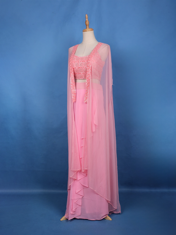 Baby Pink Sequin Embroidered Georgette Skirt Top with Net Cape Dupatta - Diadem