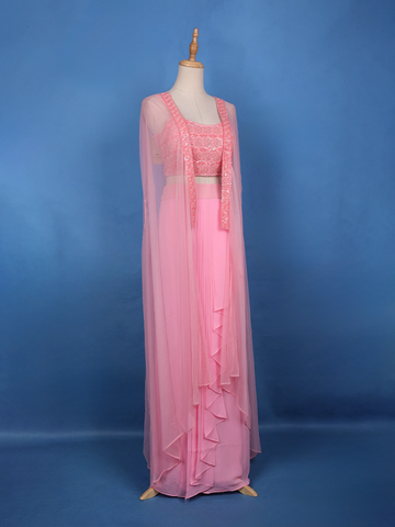 Baby Pink Sequin Embroidered Georgette Skirt Top with Net Cape Dupatta - Diadem
