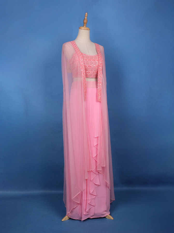 Baby Pink Sequin Embroidered Georgette Skirt Top with Net Cape Dupatta - Diadem