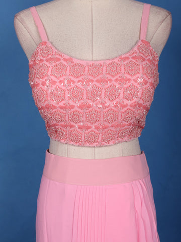 Baby Pink Sequin Embroidered Georgette Skirt Top with Net Cape Dupatta - Diadem