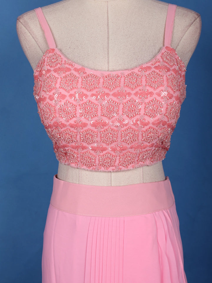 Baby Pink Sequin Embroidered Georgette Skirt Top with Net Cape Dupatta - Diadem