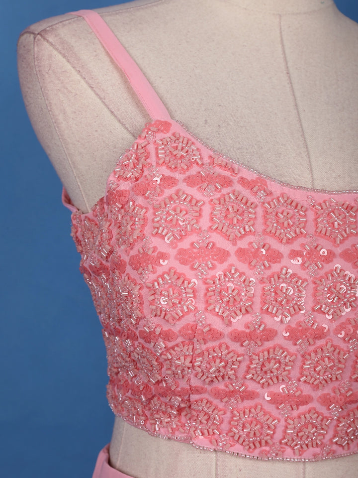 Baby Pink Sequin Embroidered Georgette Skirt Top with Net Cape Dupatta - Diadem