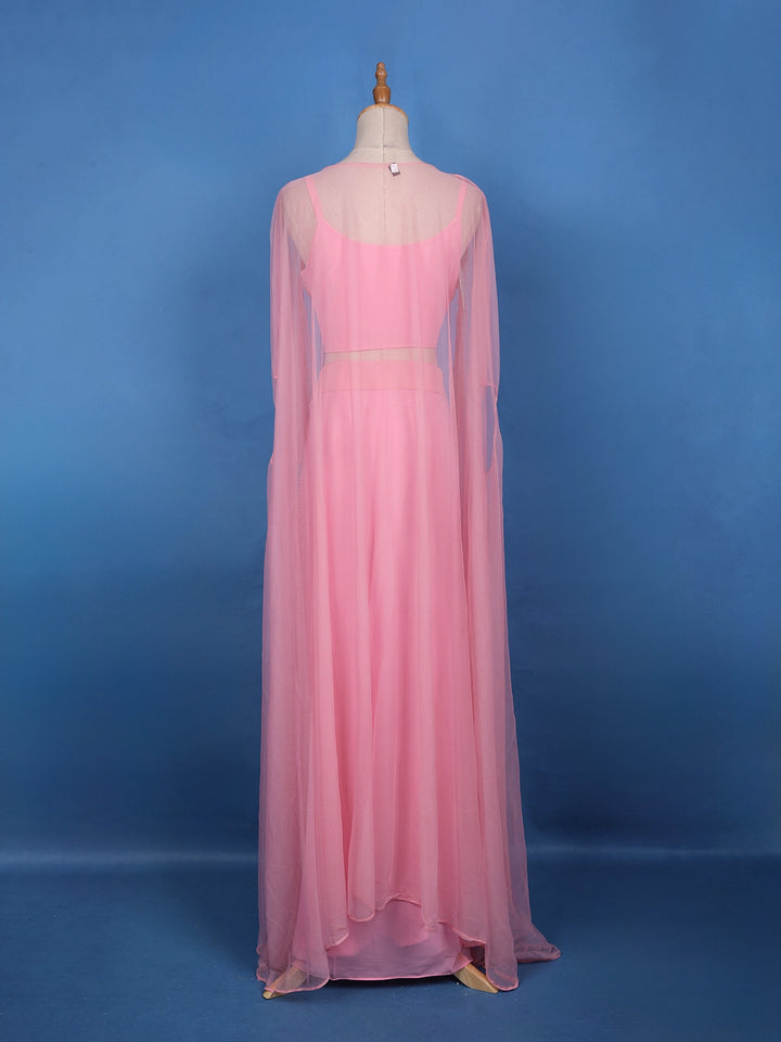 Baby Pink Sequin Embroidered Georgette Skirt Top with Net Cape Dupatta - Diadem
