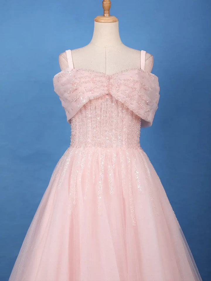 Baby Pink Sequins And Beads Embellished Net Gown - Diadem
