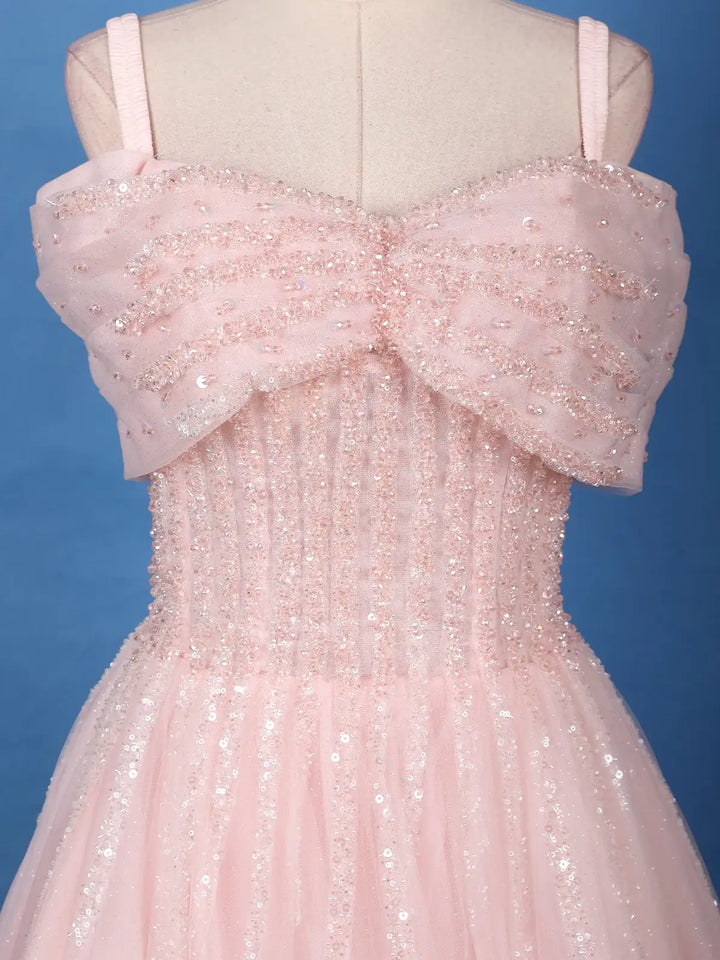 Baby Pink Sequins And Beads Embellished Net Gown - Diadem