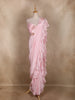 Baby Pink Solid Design Satin Ready To Wear Ruffle Saree