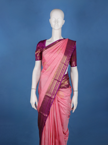 Baby Pink Floral Design Zari Border Silk Saree - Diadem