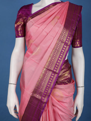Baby Pink Floral Design Zari Border Silk Saree - Diadem