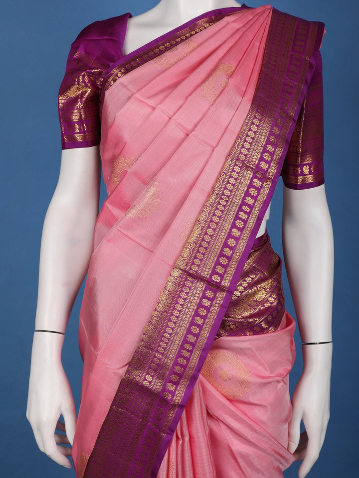 Baby Pink Floral Design Zari Border Silk Saree - Diadem