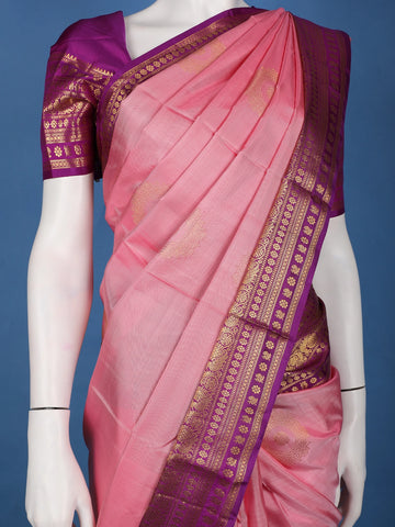 Baby Pink Floral Design Zari Border Silk Saree - Diadem