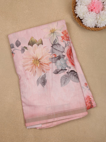 Baby Pink Floral Designed Cotton Saree - Diadem