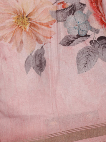 Baby Pink Floral Designed Cotton Saree - Diadem