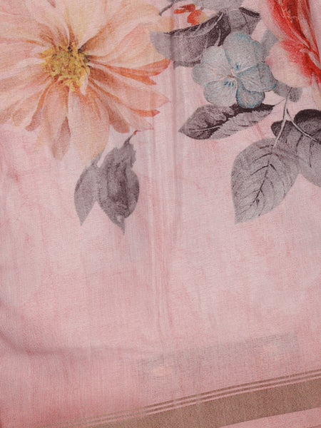 Baby Pink Floral Designed Cotton Saree - Diadem