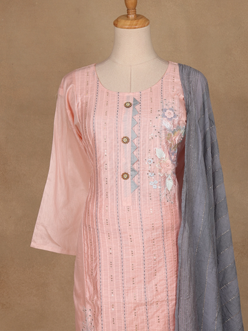 Baby Pink Floral Embroidered Cotton Salwar Suit - Diadem