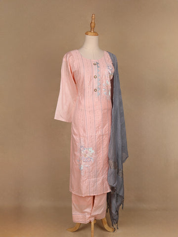 Baby Pink Floral Embroidered Cotton Salwar Suit - Diadem