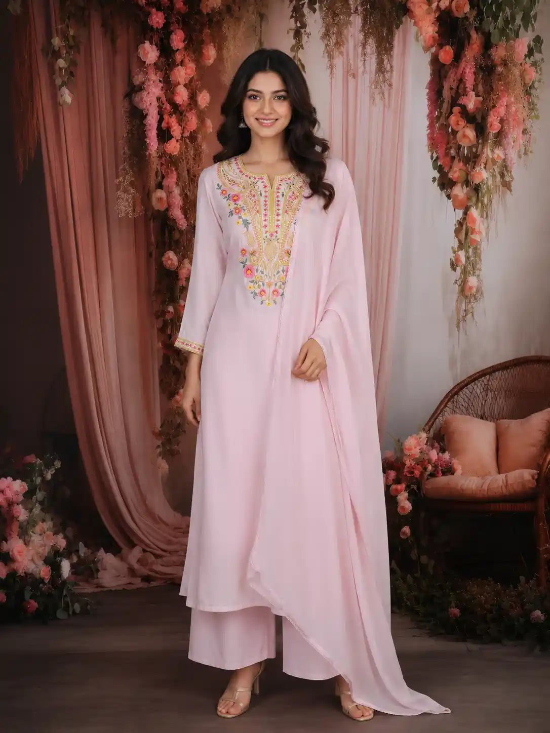 Baby Pink Floral Embroidered Cotton Salwar Suit with Dupatta