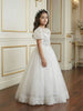 White Net Ball Gown Adorned with Floral Embroidery featuring Puff Sleeves