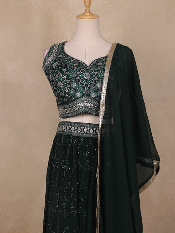 Bottle Green Net Sequins And Floral Embroidery Bridesmaid Lehenga - Diadem