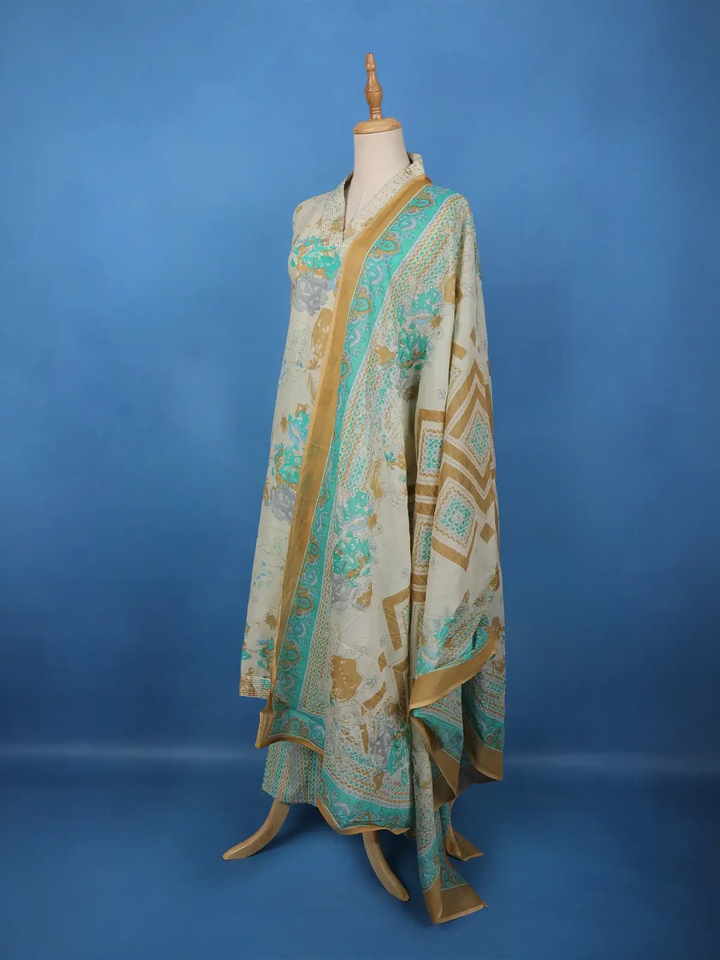 Beige Artistic Printed Cotton Salwar Suit - Diadem