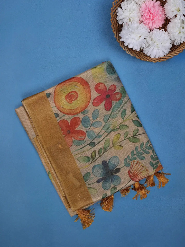 Beige Floral Design Semi Tissue Saree - Diadem