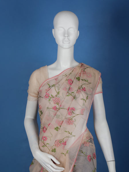 Beige Floral Embroidered Kota Cotton Saree - Diadem