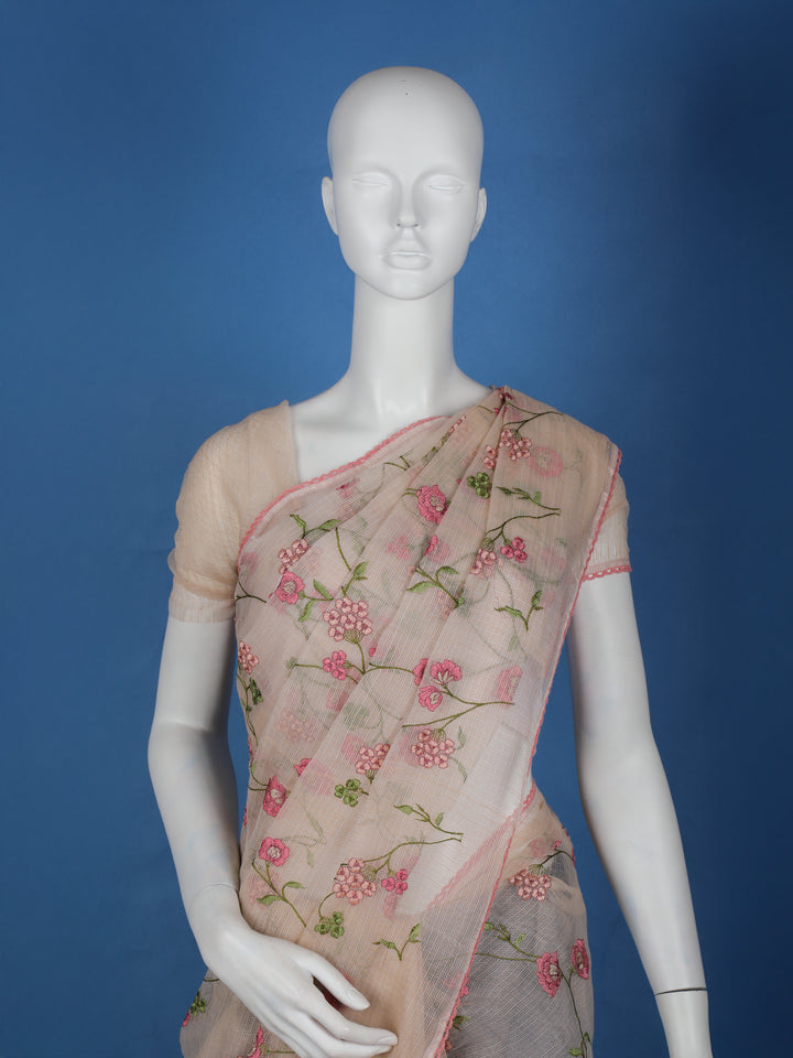 Beige Floral Embroidered Kota Cotton Saree - Diadem