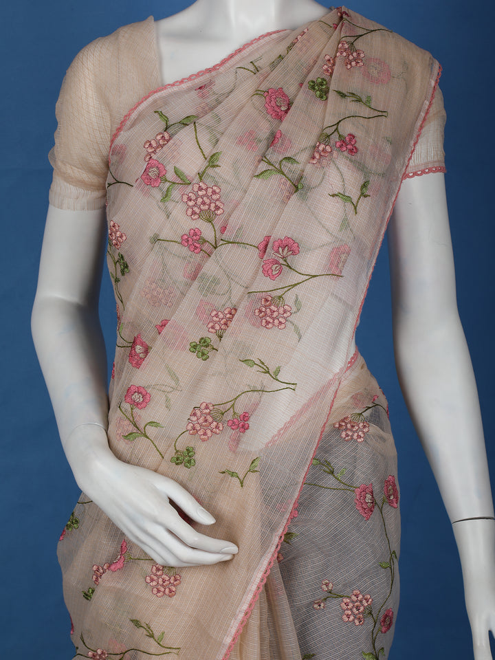 Beige Floral Embroidered Kota Cotton Saree - Diadem