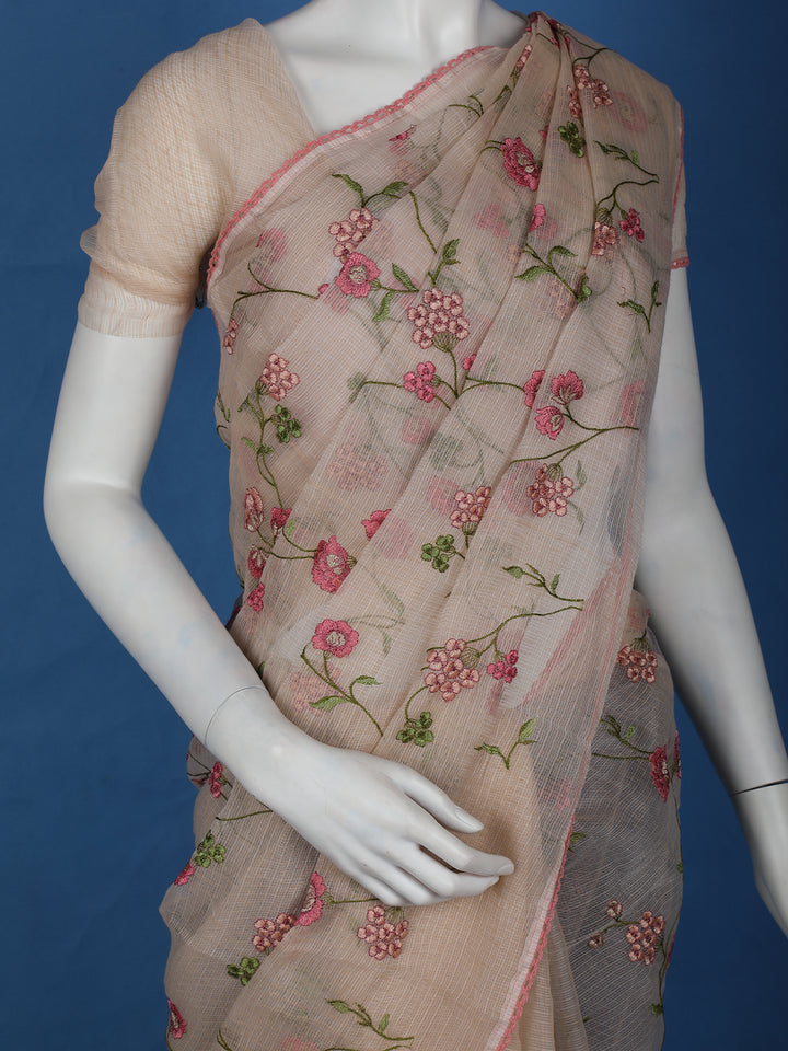 Beige Floral Embroidered Kota Cotton Saree - Diadem