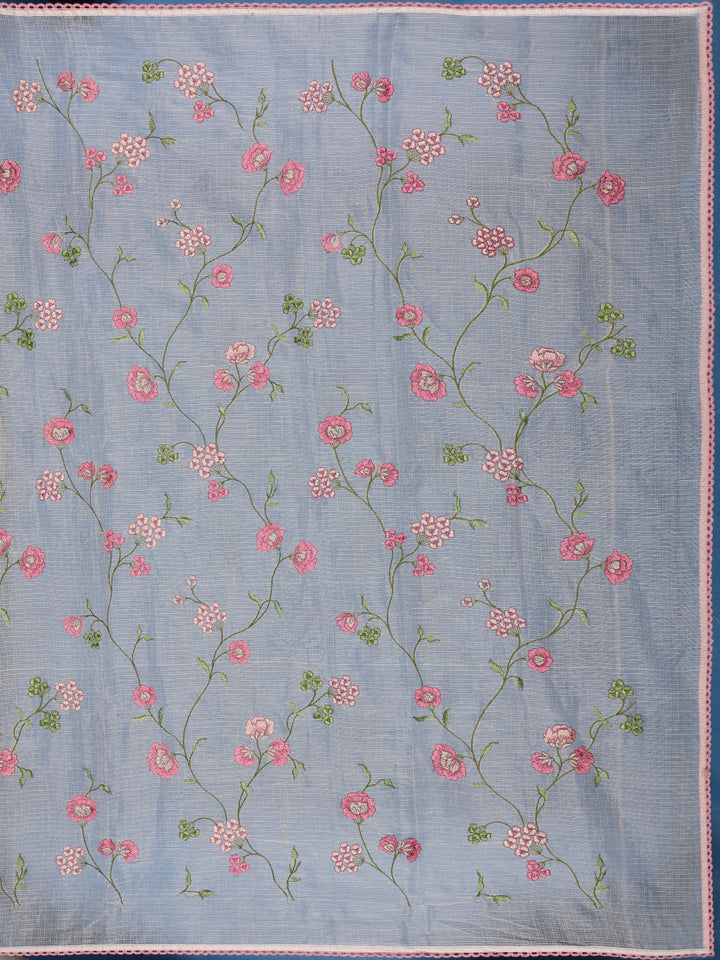 Beige Floral Embroidered Kota Cotton Saree - Diadem