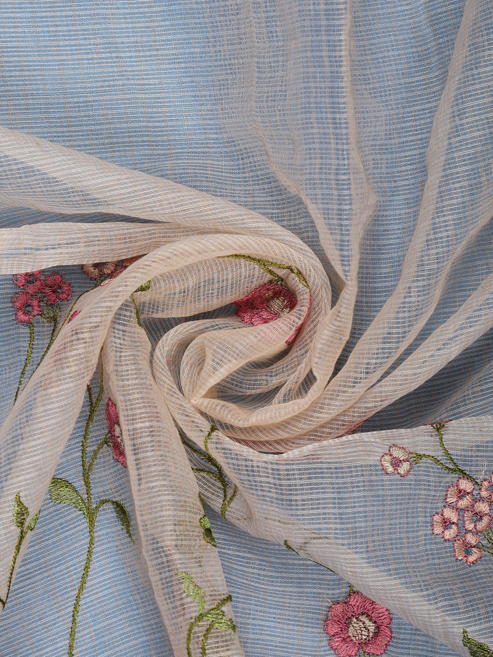 Beige Floral Embroidered Kota Cotton Saree - Diadem