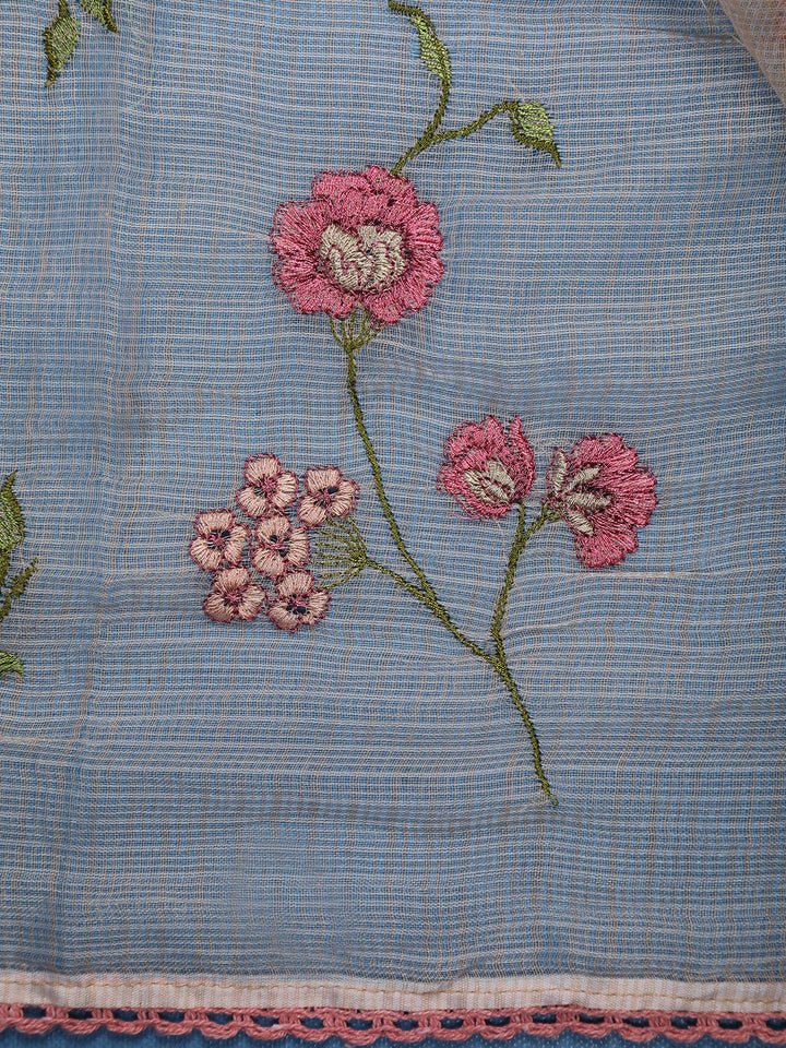 Beige Floral Embroidered Kota Cotton Saree - Diadem