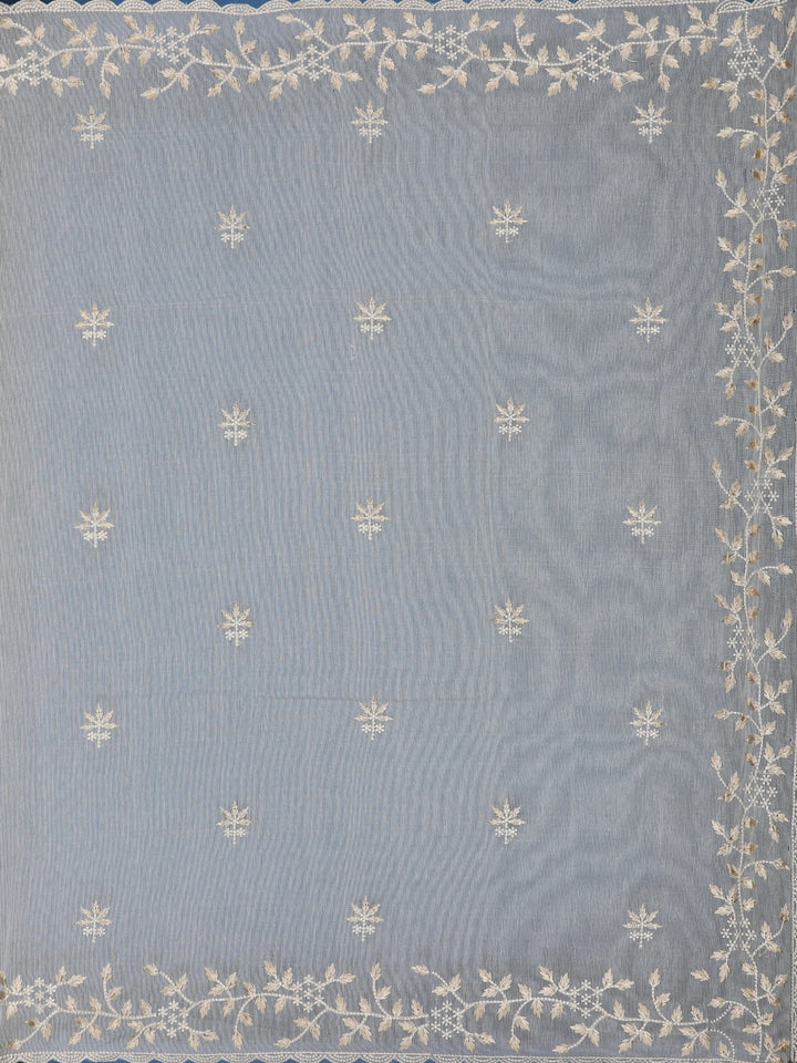 Beige Floral Embroidered Tissue Saree with Golden Scalloped Border - Diadem