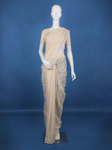 Beige Floral Embroidered Tissue Saree with Golden Scalloped Border - Diadem