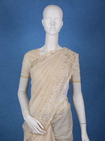 Beige Floral Embroidered Tissue Saree with Golden Scalloped Border - Diadem