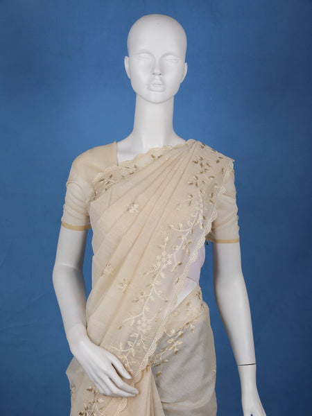 Beige Floral Embroidered Tissue Saree with Golden Scalloped Border - Diadem