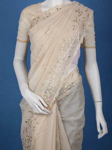 Beige Floral Embroidered Tissue Saree with Golden Scalloped Border - Diadem